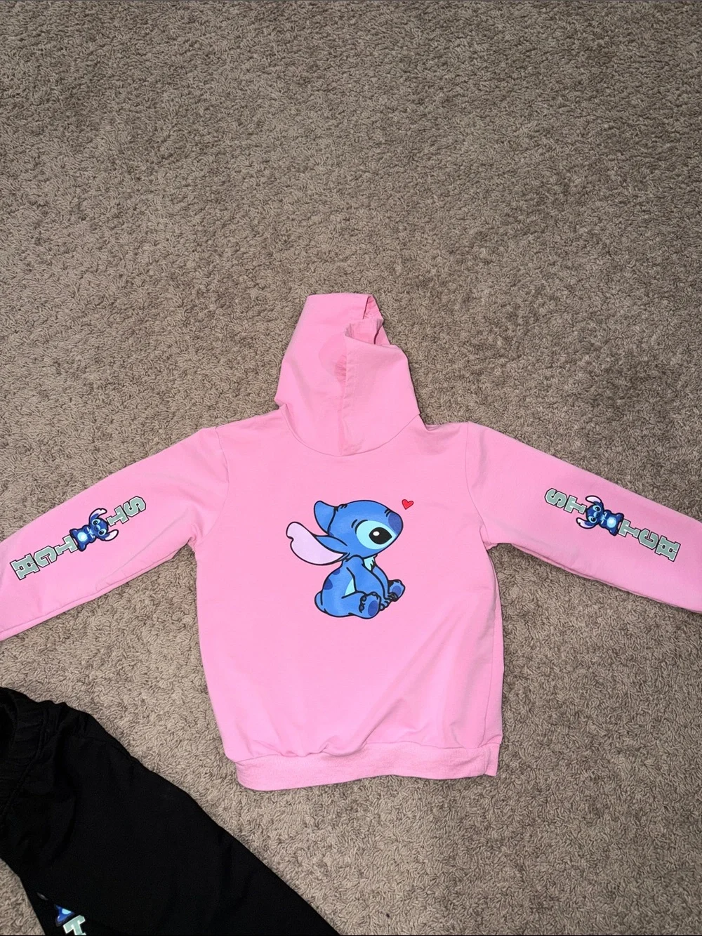 Pink Stitch Character Hoodie & Black Jogger Matching Set